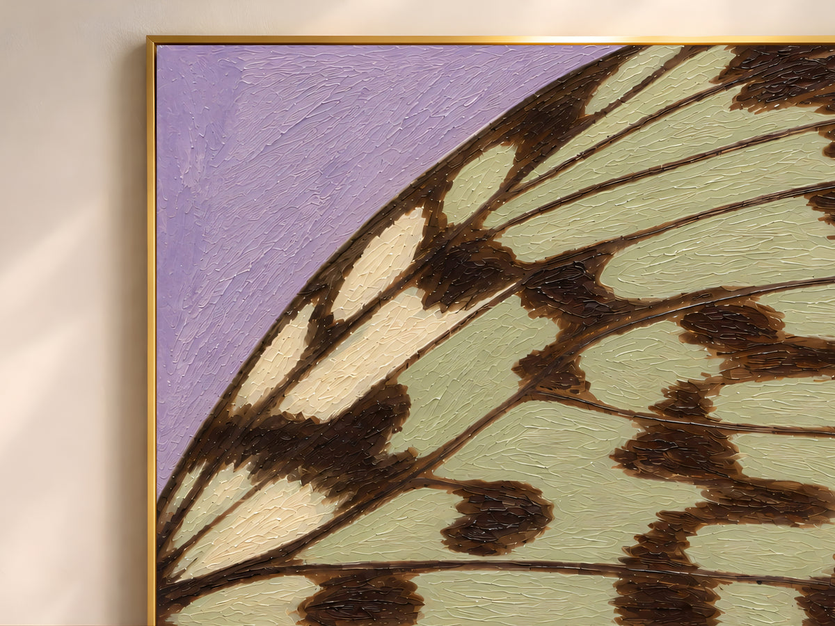 Close-up of textured impasto butterfly wing print in lavender and sage green showing raised brushstroke detail
