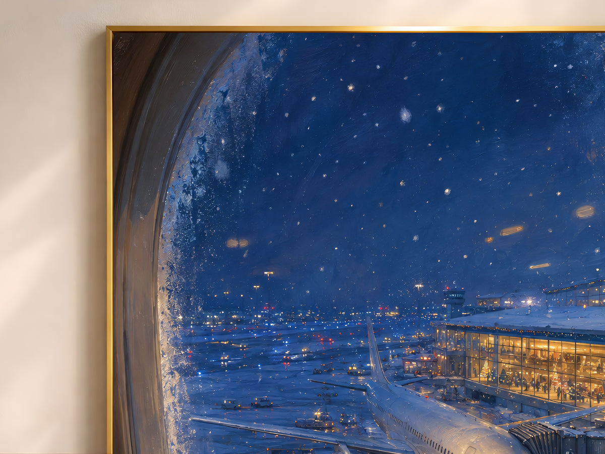 Framed painting of frosted airplane window with snowy airport terminal view