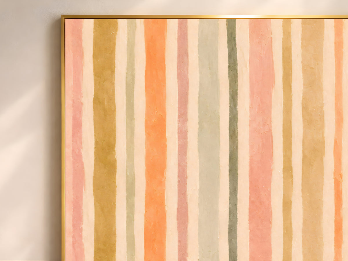 Close-up of pastel stripe painting with textured impasto brushstrokes