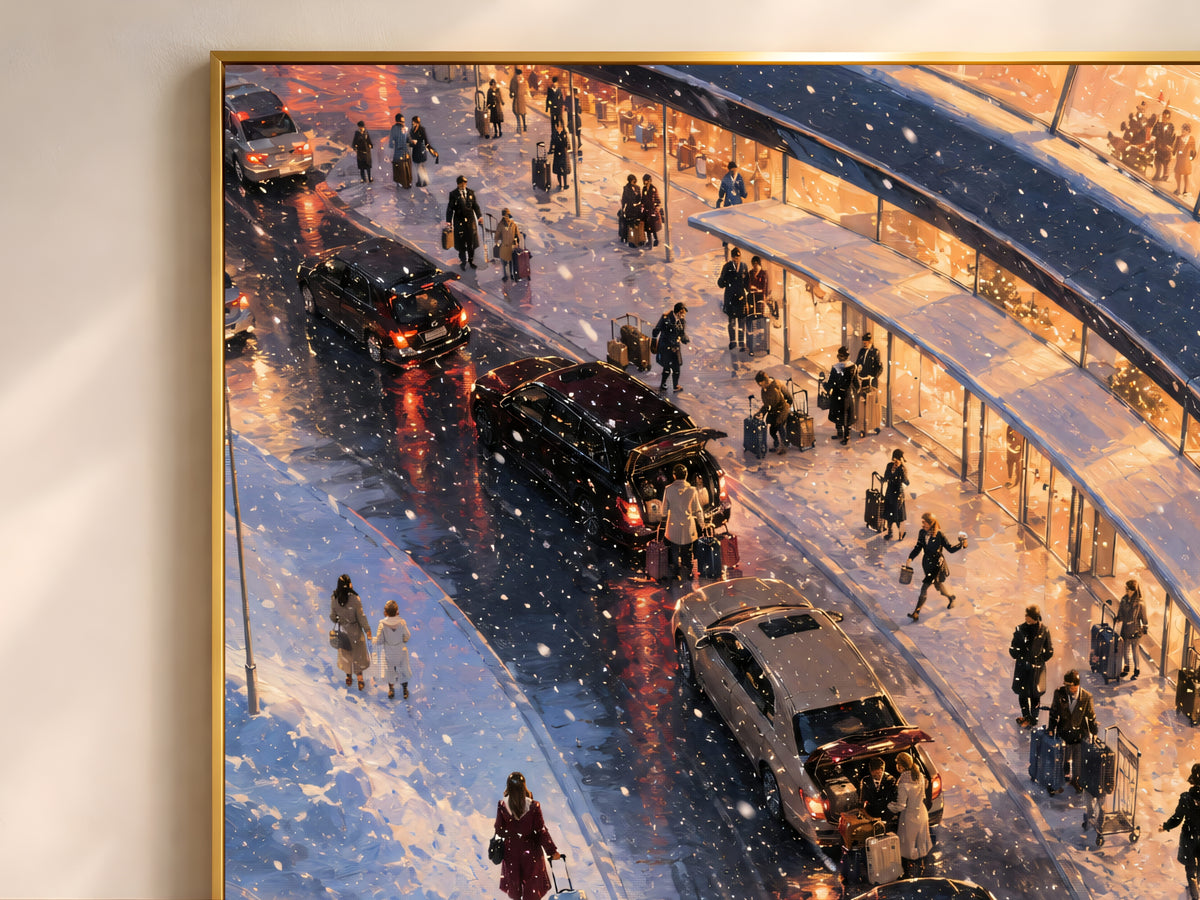 Framed painting of snowy airport departures curb with cars, cabs, and travelers