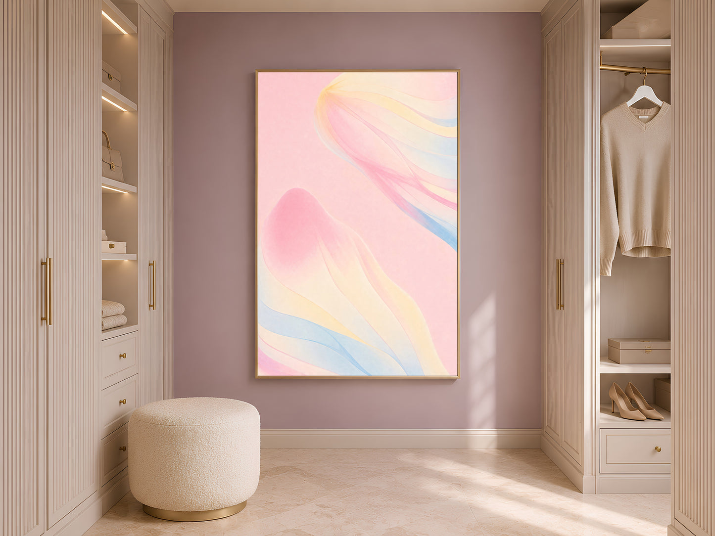 Ethereal pink and yellow ribbon wall art displayed in a mauve walk-in closet with a wooden stool
