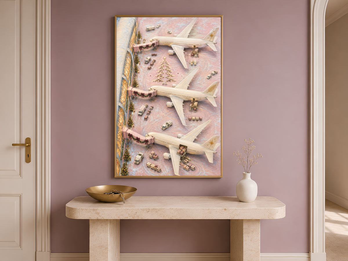 Pastel holiday wall art framed above entryway console table with vase