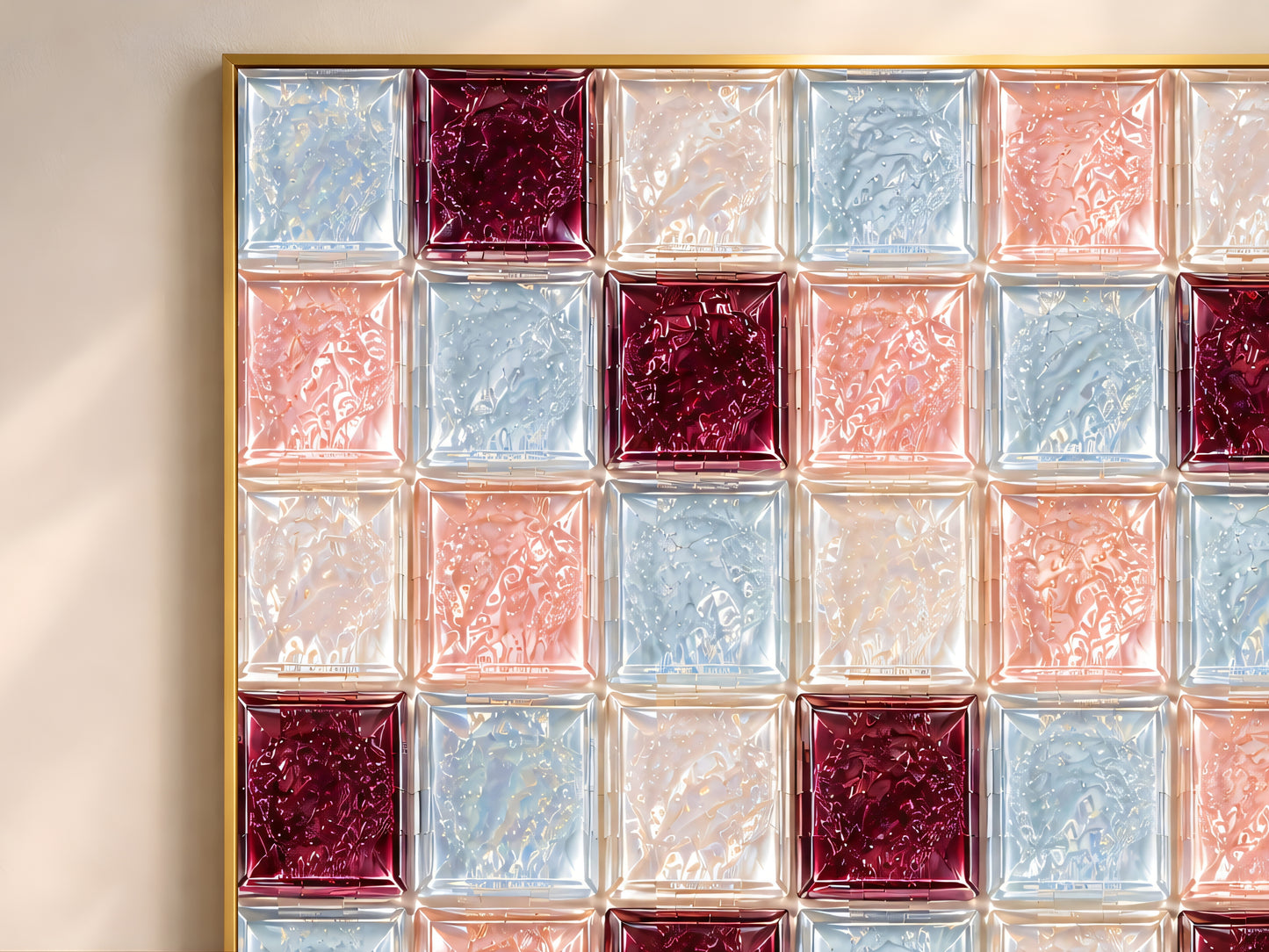 Close-up of glossy powder blue, blush pink, and burgundy glass tile checkerboard artwork