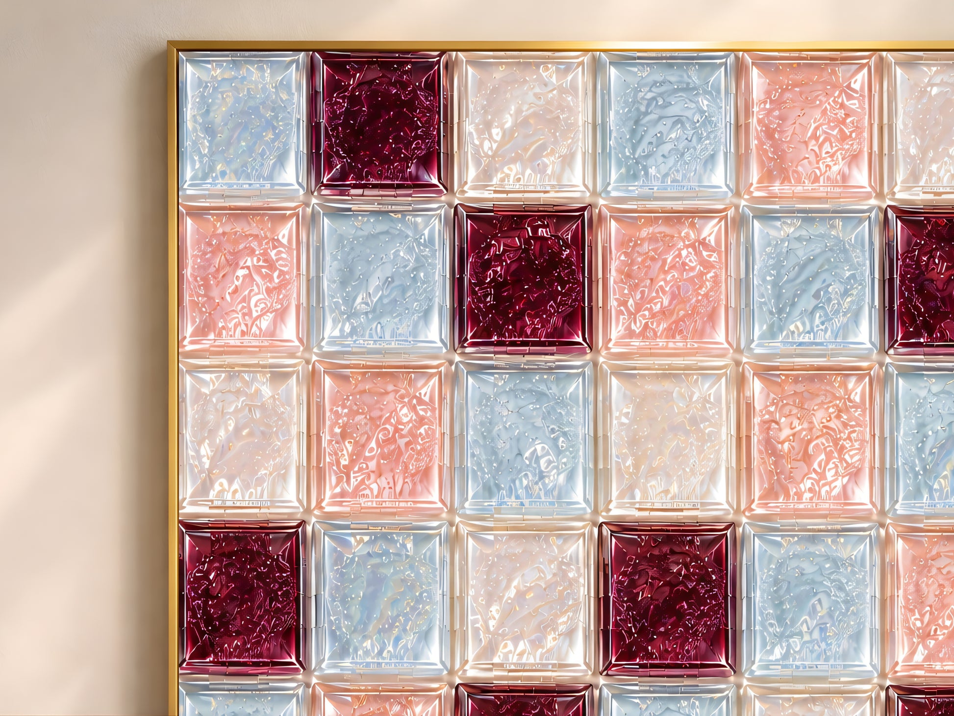 Close-up of glossy powder blue, blush pink, and burgundy glass tile checkerboard artwork