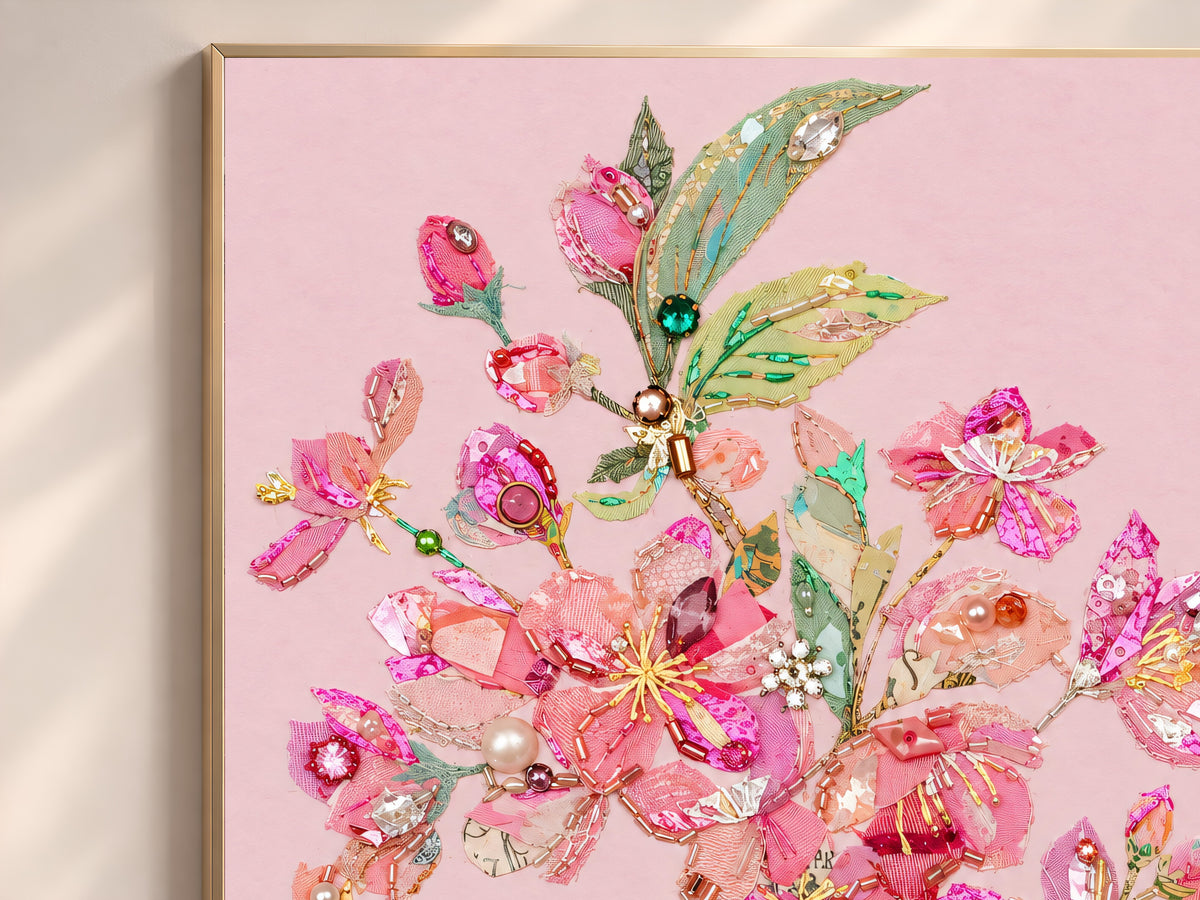 Pink Cherry Blossom Wall Art Print, Embroidery Style Floral Collage with Pearls and Sequins, Printable Coquette Decor, Digital Download