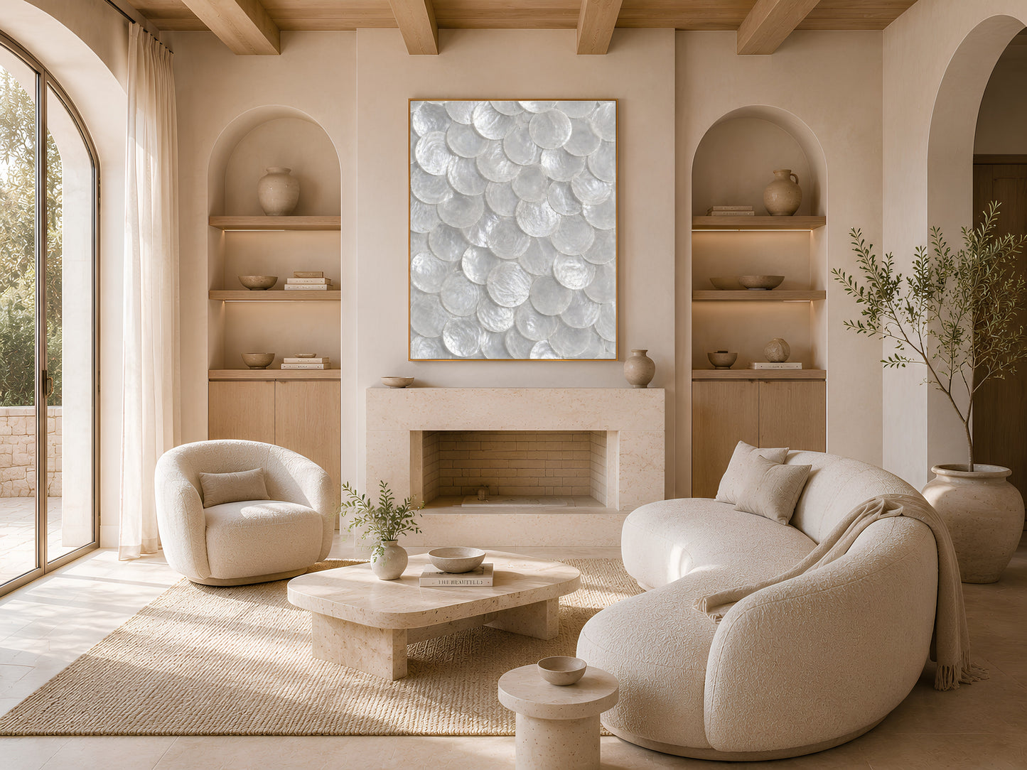 White capiz shell print in a gold frame displayed in a living room with a curved cream sofa and armchairs.