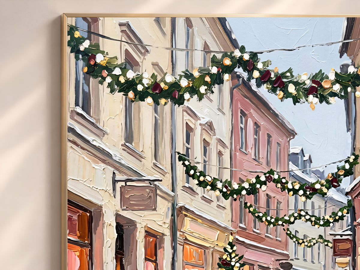 Christmas Street Painting Print, Snowy European Village with Garlands and Christmas Tree, Cozy Holiday Wall Art, Printable Digital Download