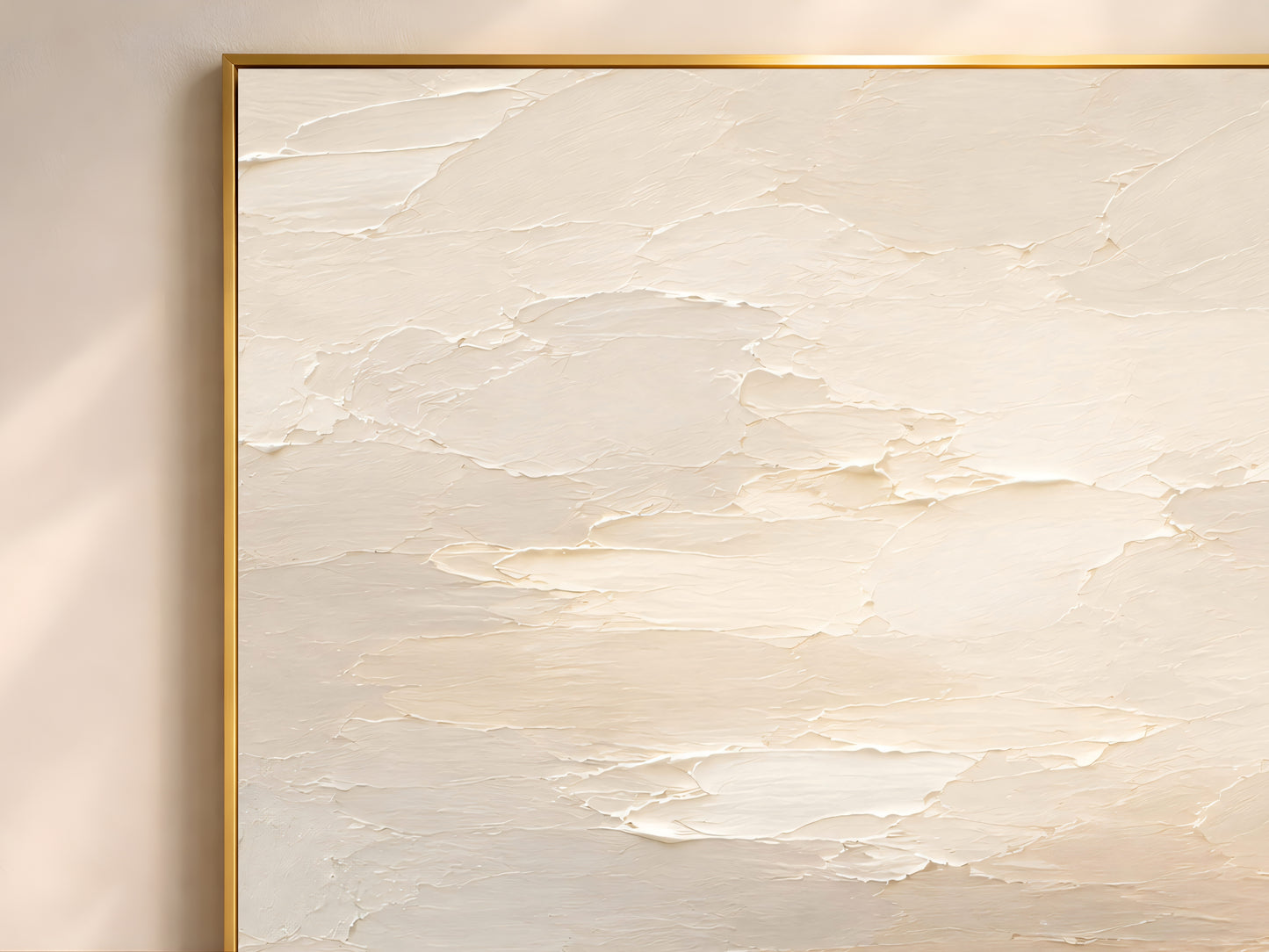 Close-up of thick impasto brushstrokes in cream, warm white, and soft grey on an abstract painting