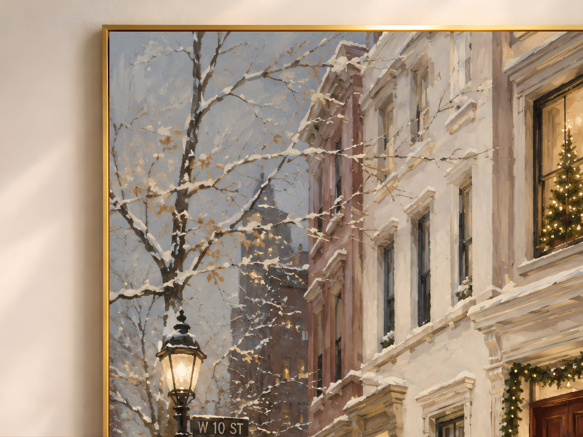 Close-up detail of framed snowy brownstone oil painting print with snow-covered tree branches