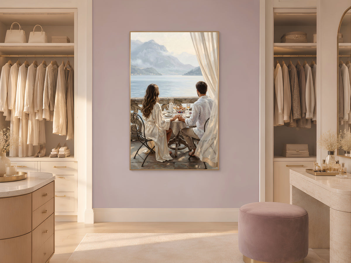 Lake Como Wall Art, Romantic Couple Breakfast Oil Painting Print - Digital Download