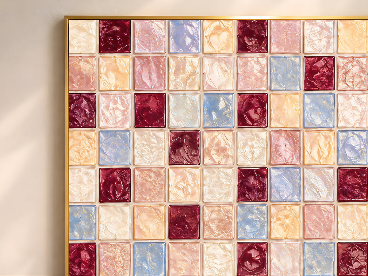 Close-up of geometric mosaic wall art in blush pink, powder blue, burgundy, and cream glass-tile pattern