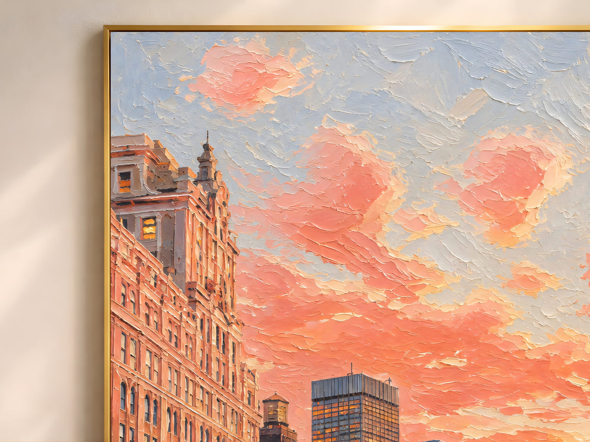 Close-up of impasto city skyline painting texture in pink and gold