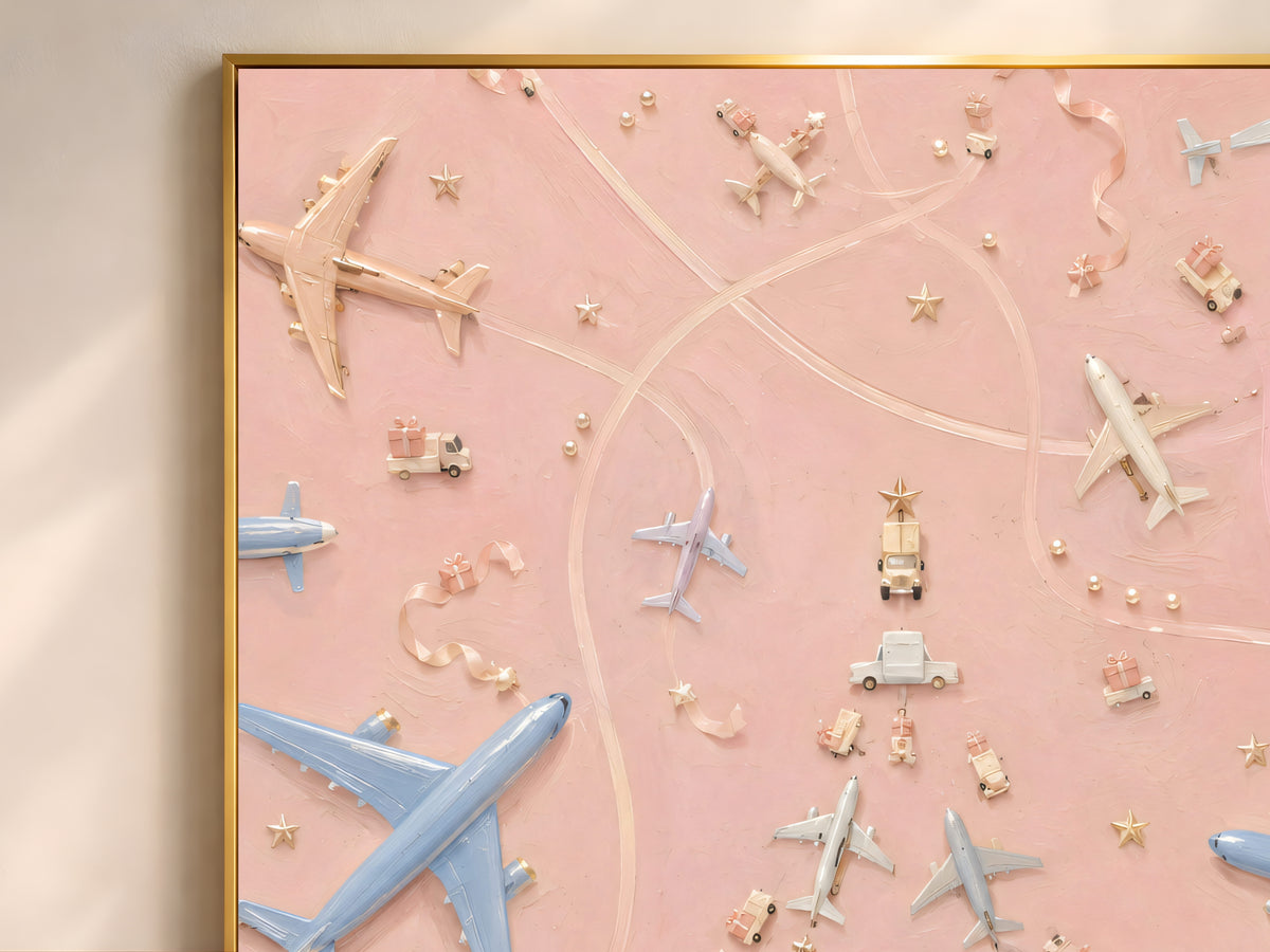 Close-up flat lay of toy airplanes forming a Christmas tree shape on a pastel pink background