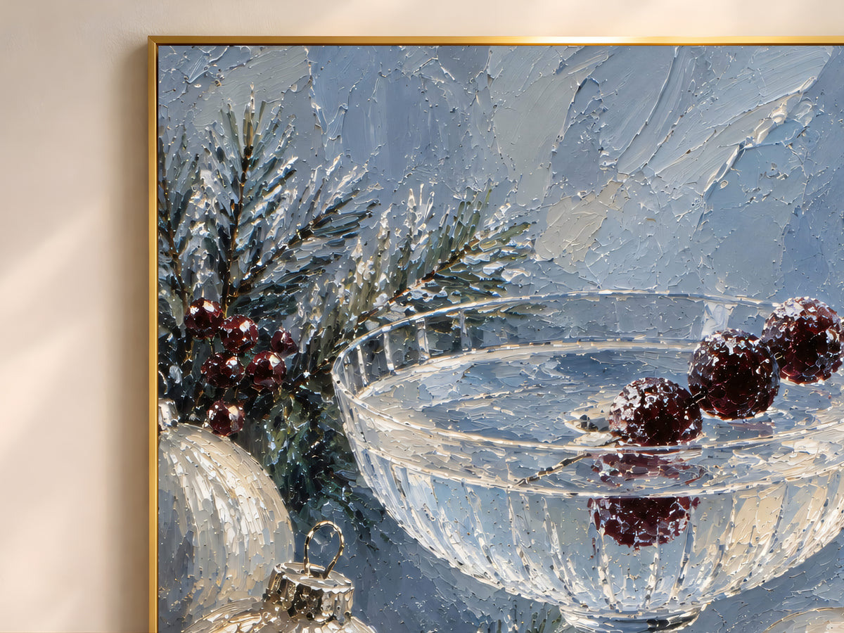 Close-up of the champagne coupe still life showing sugared cranberries, silver ribbon, and frosted ornaments