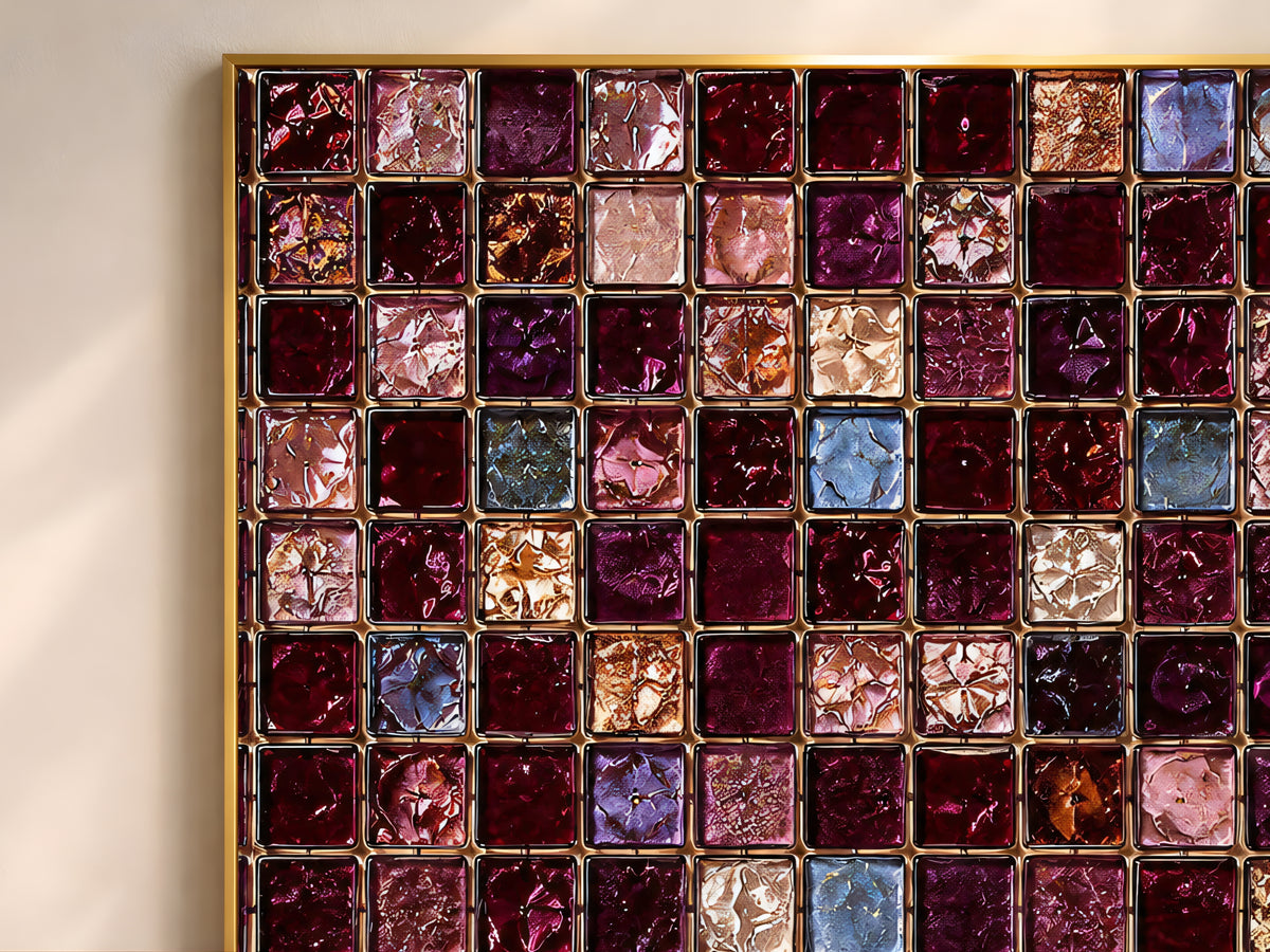 Jewel Tone Mosaic Wall Art, Burgundy Gold Tile Print - Digital Download