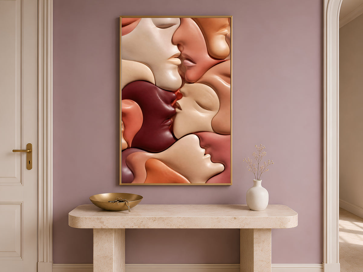 Abstract Kissing Faces Wall Art, Warm Terracotta Couple Print - Digital Download