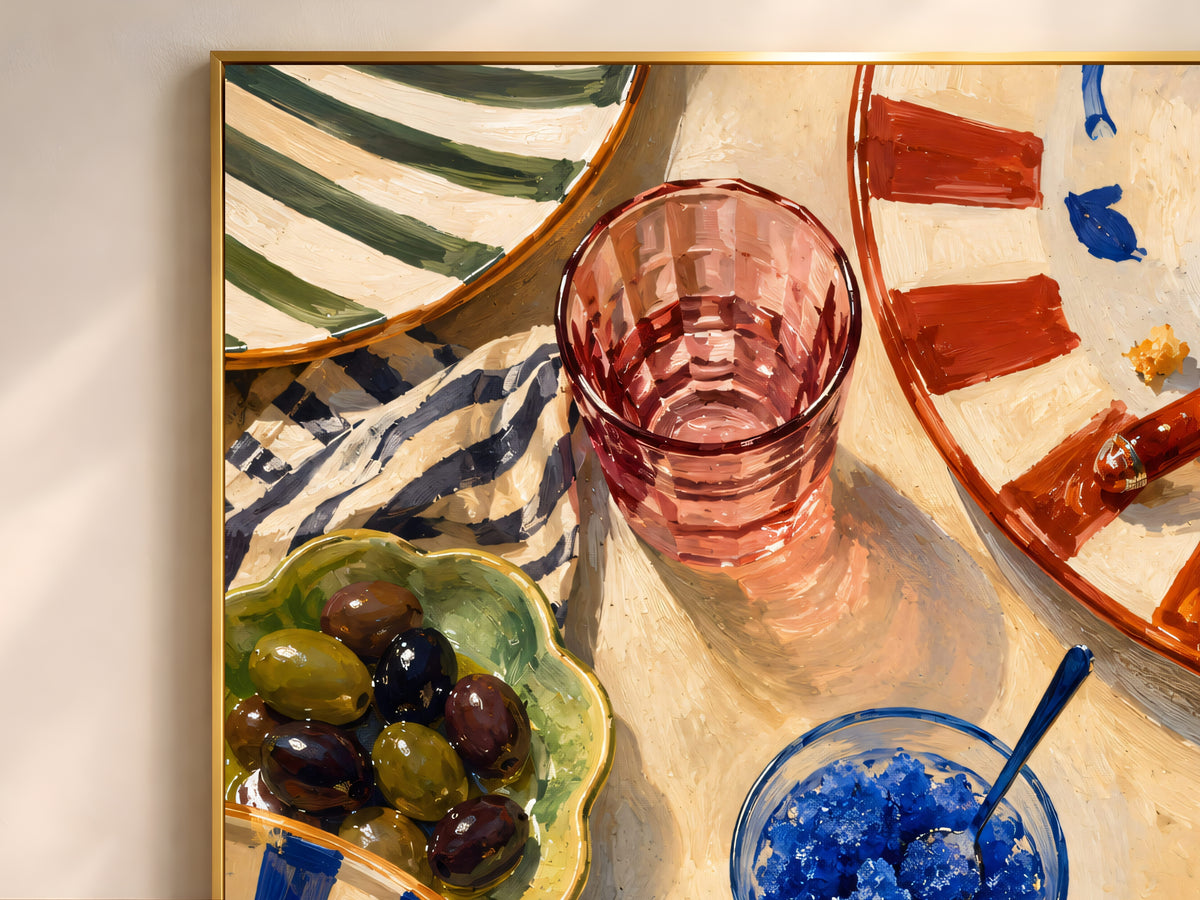 Close up of Italian kitchen wall art print, colorful Mediterranean table detail