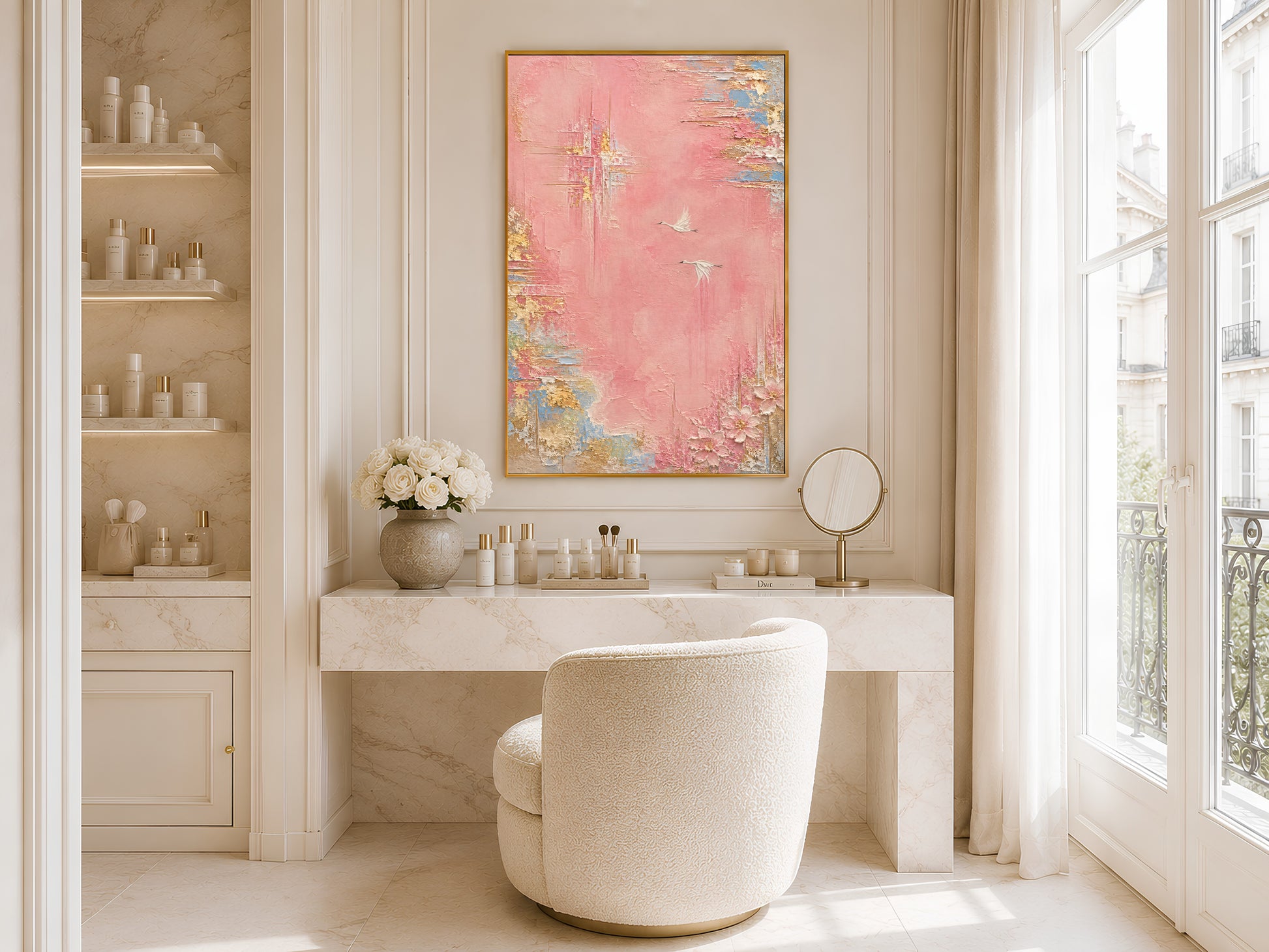 Pink and gold abstract wall art print above vanity desk, textured crane bird painting digital download
