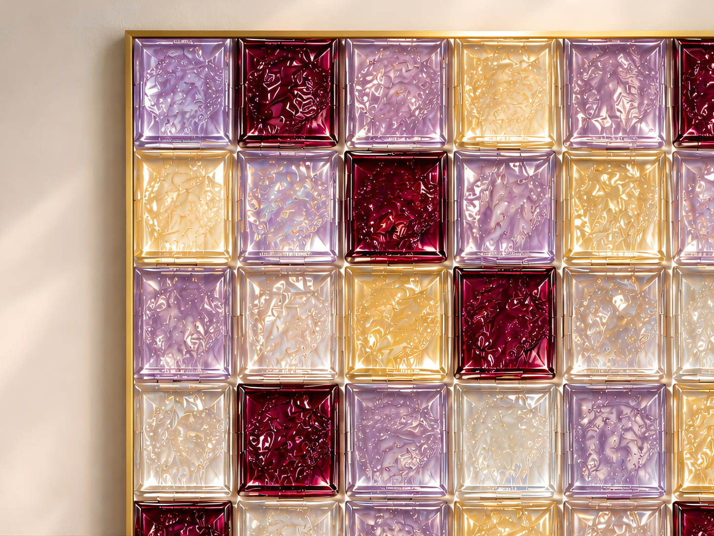 Close-up of glossy lilac, gold, and wine berry glass tile checkerboard artwork