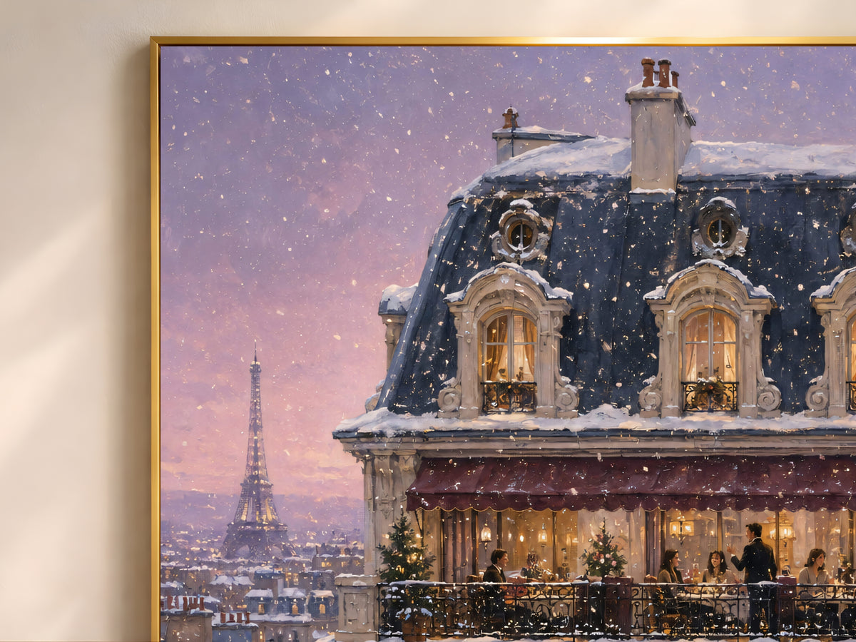 Framed painting of snowy Parisian building with Eiffel Tower and glowing windows