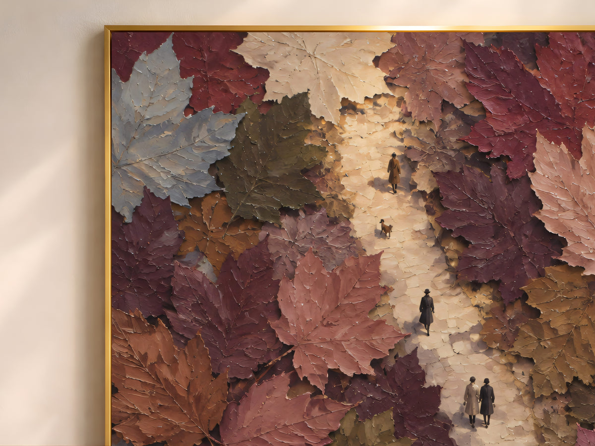 Close-up of aerial autumn walk painting showing maple leaves and glowing stone path