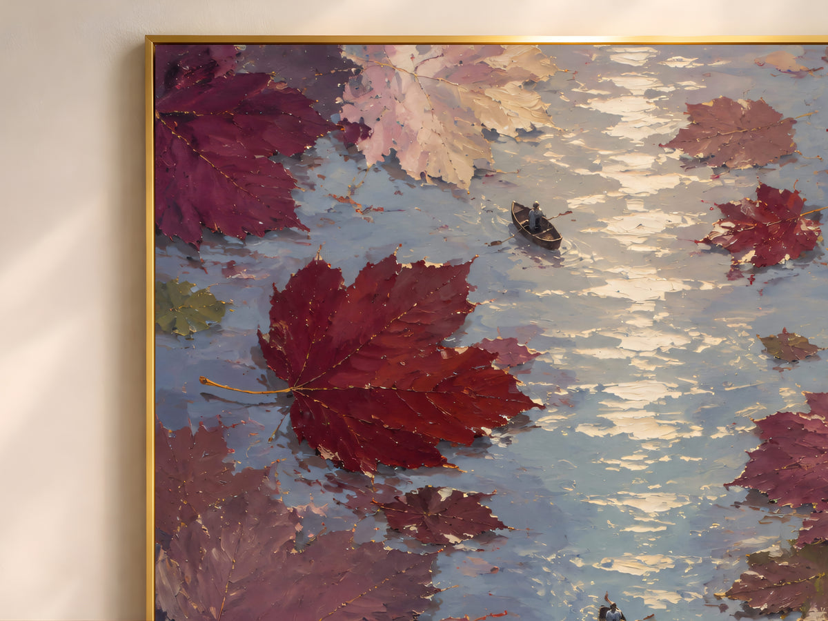 Close-up of aerial rowboat painting showing giant maple leaves and moonlit water texture