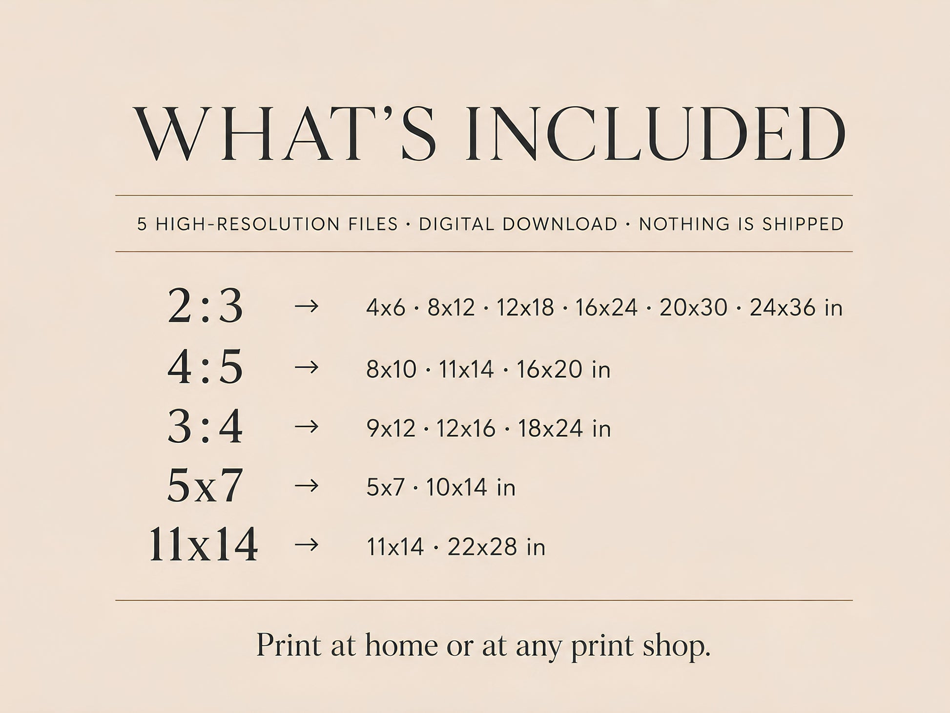 What's included size chart for pink Mediterranean print digital download — 2:3, 4:5, 3:4, 5×7, and 11×14 ratio files