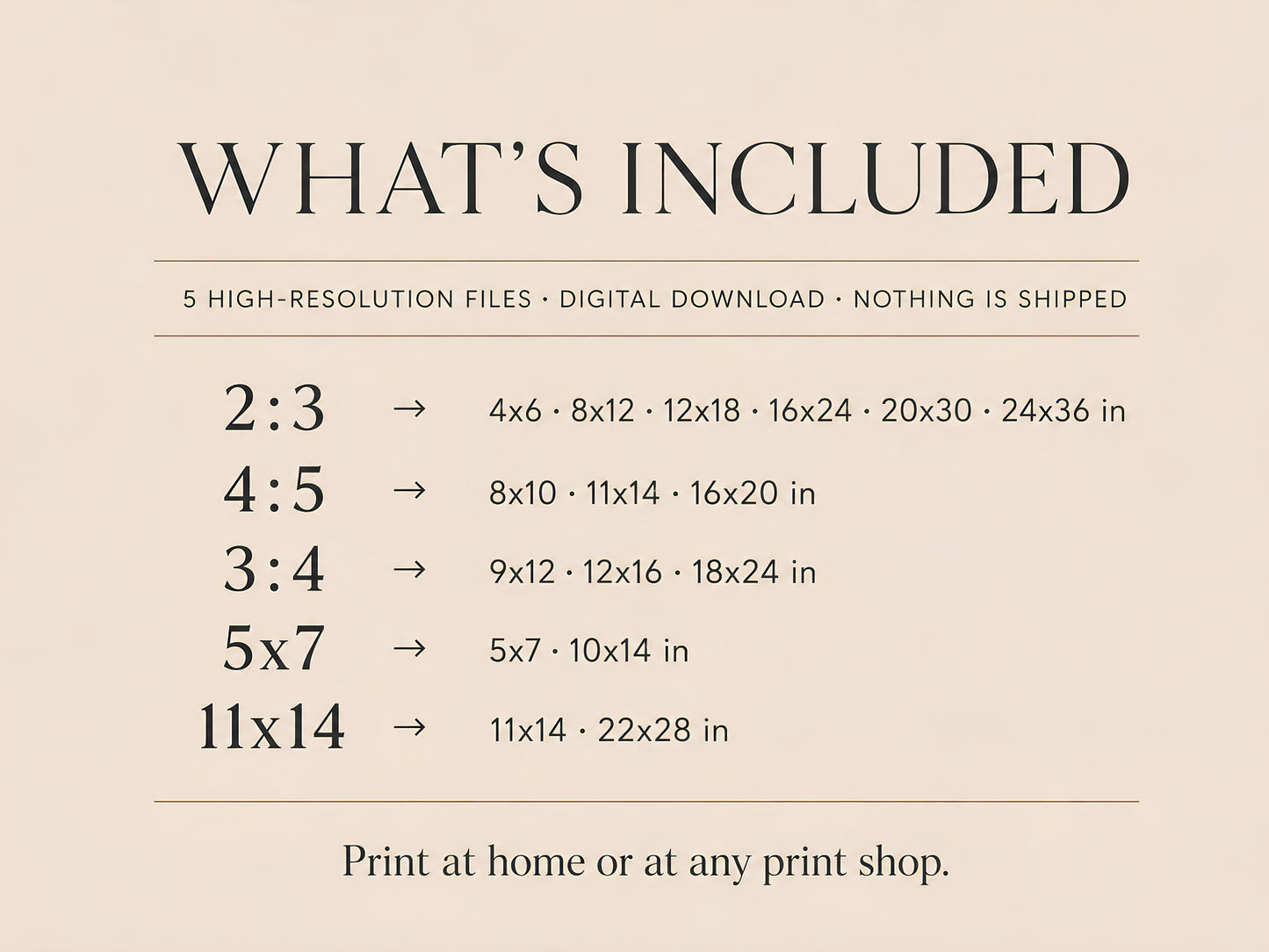 What's included size chart for pool float print digital download — 2:3, 4:5, 3:4, 5×7, and 11×14 ratio files