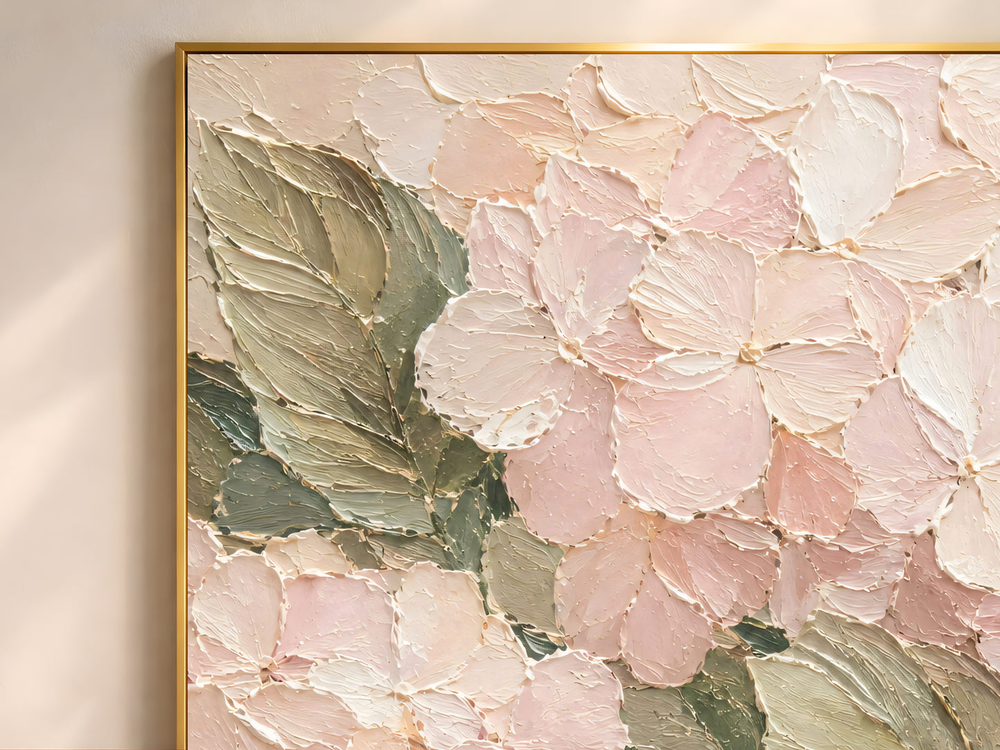 Close-up of pink hydrangea impasto print texture, dusty rose petal and olive leaf detail