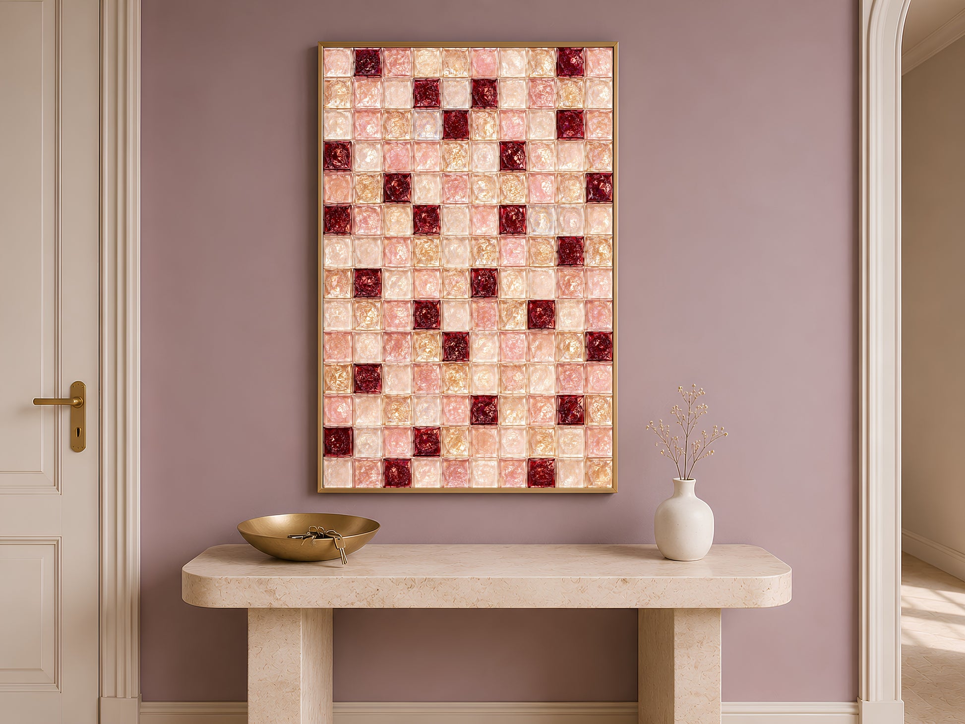 Ruby red and blush tile art framed above a console table by a doorway