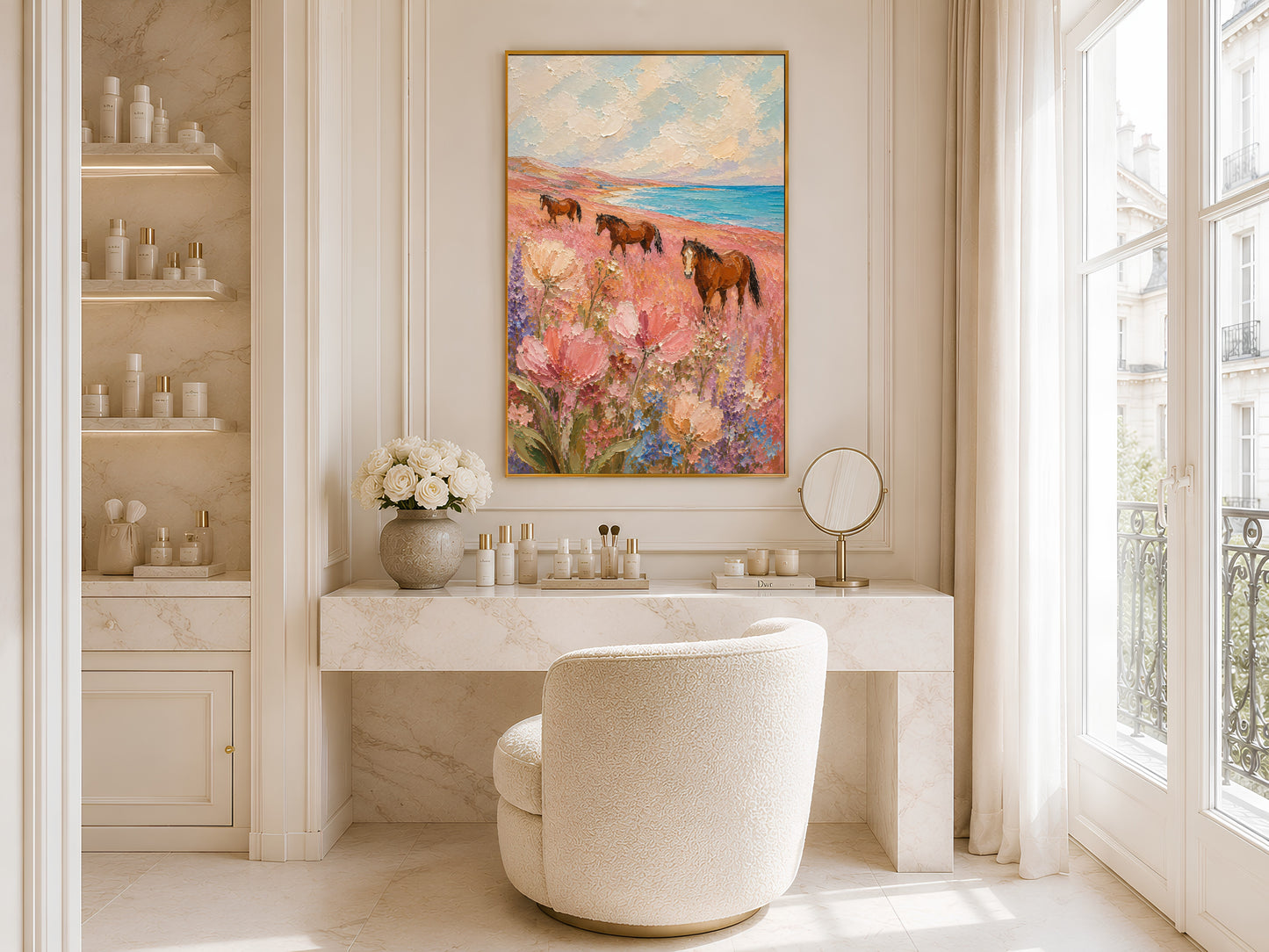 Three chestnut horses in a pink floral coastal meadow impasto painting in a gold frame displayed in a bright white bathroom with a freestanding tub and large window with natural light

