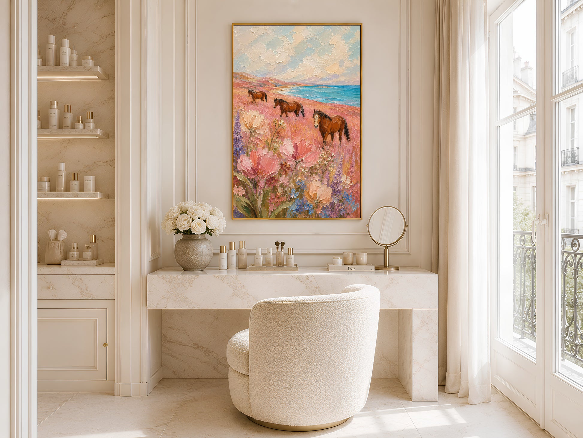 Three chestnut horses in a pink floral coastal meadow impasto painting in a gold frame displayed in a bright white bathroom with a freestanding tub and large window with natural light
