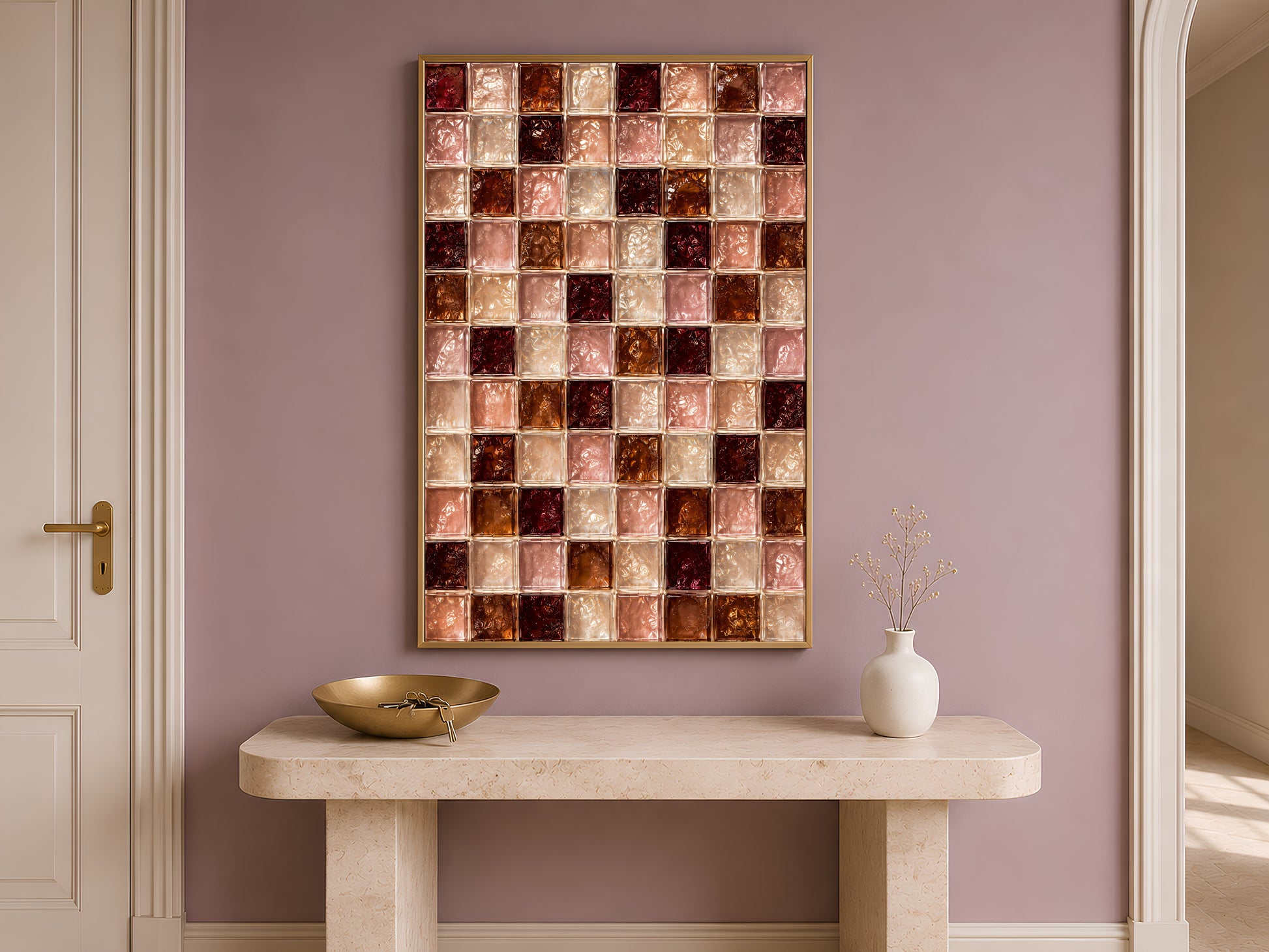 Wine red and blush tile wall art framed above a console table by an arched doorway
