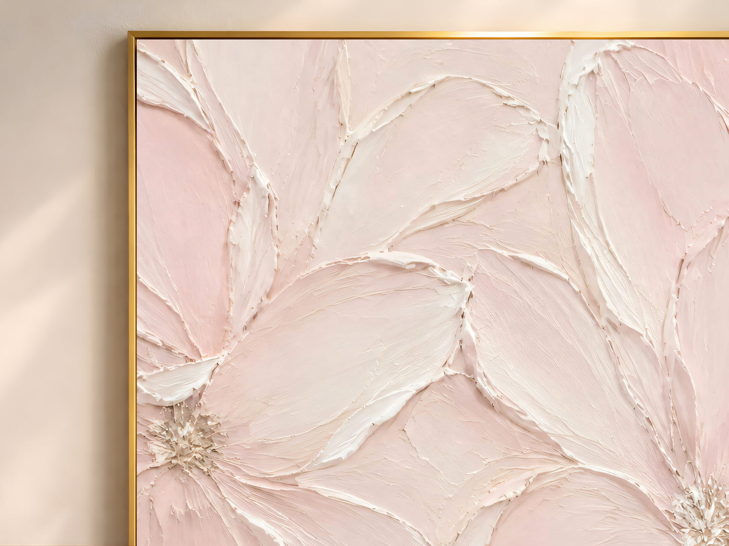 Close-up of blush pink impasto floral print texture, sculpted magnolia petal detail