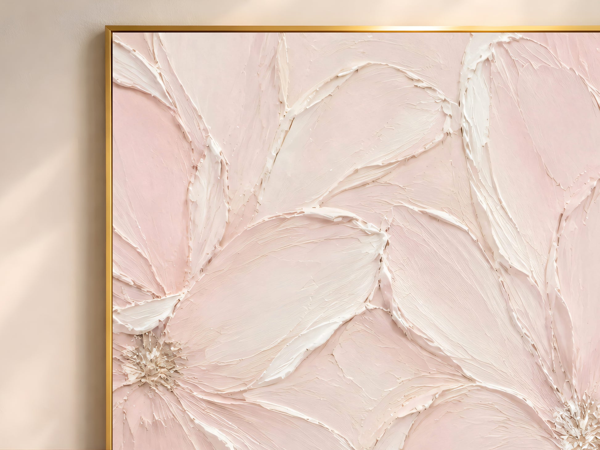 Close-up of blush pink impasto floral print texture, sculpted magnolia petal detail