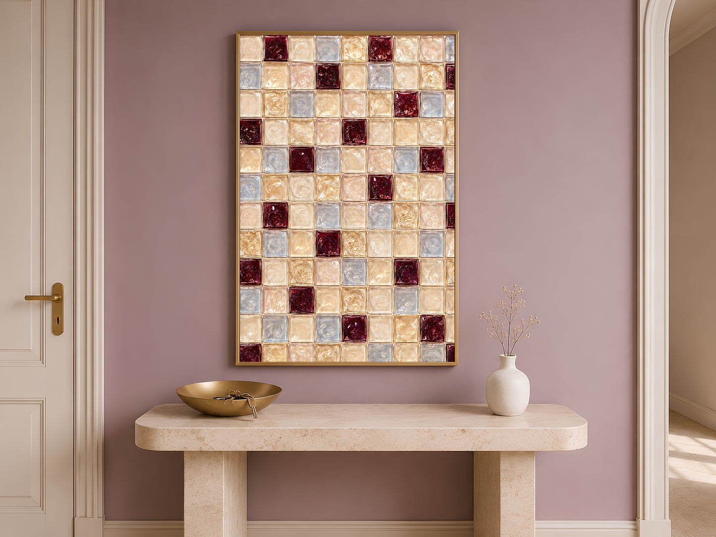 Glass tile checkerboard print framed above a console table in an entryway