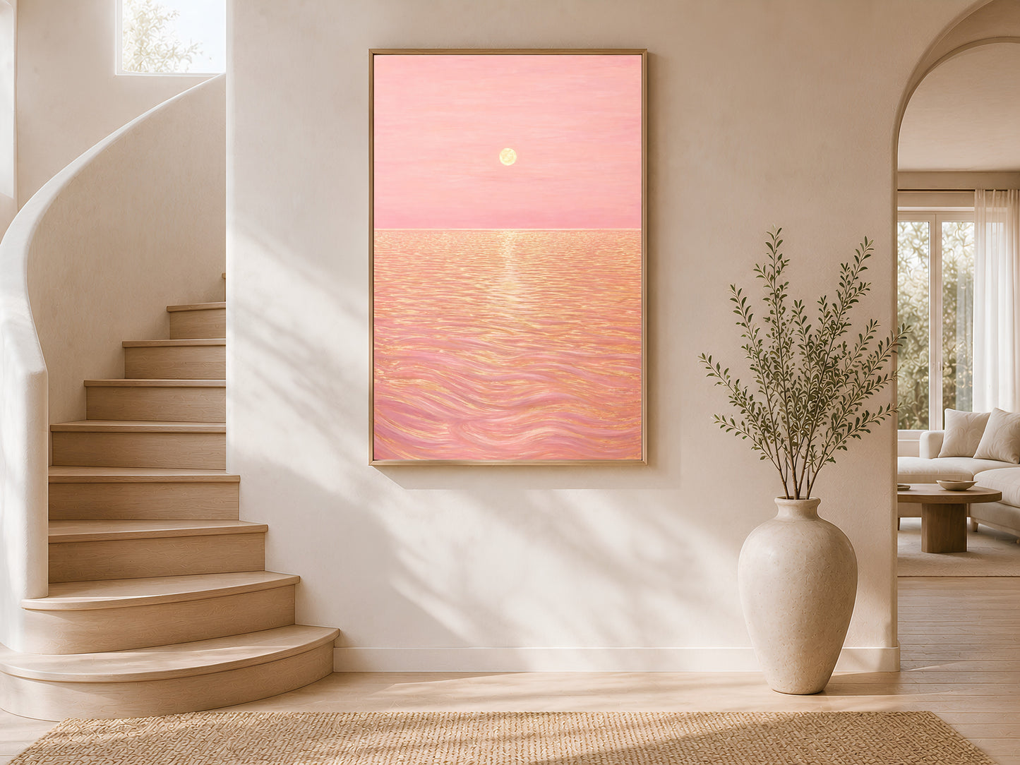 Framed pink sunset ocean wall art on staircase landing with vase and curved wood railing
