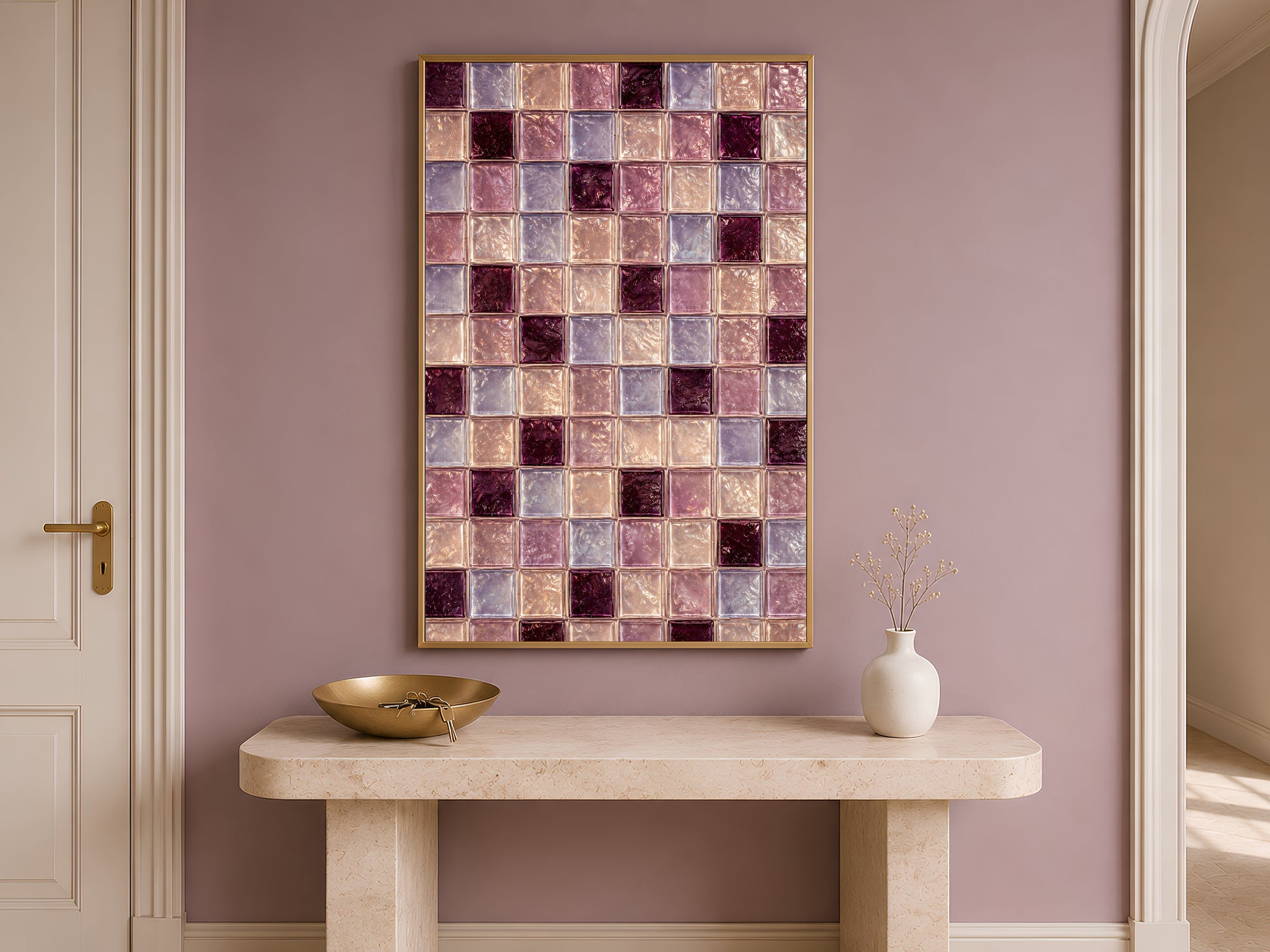 Plum and lavender tile art framed above a console table by a doorway