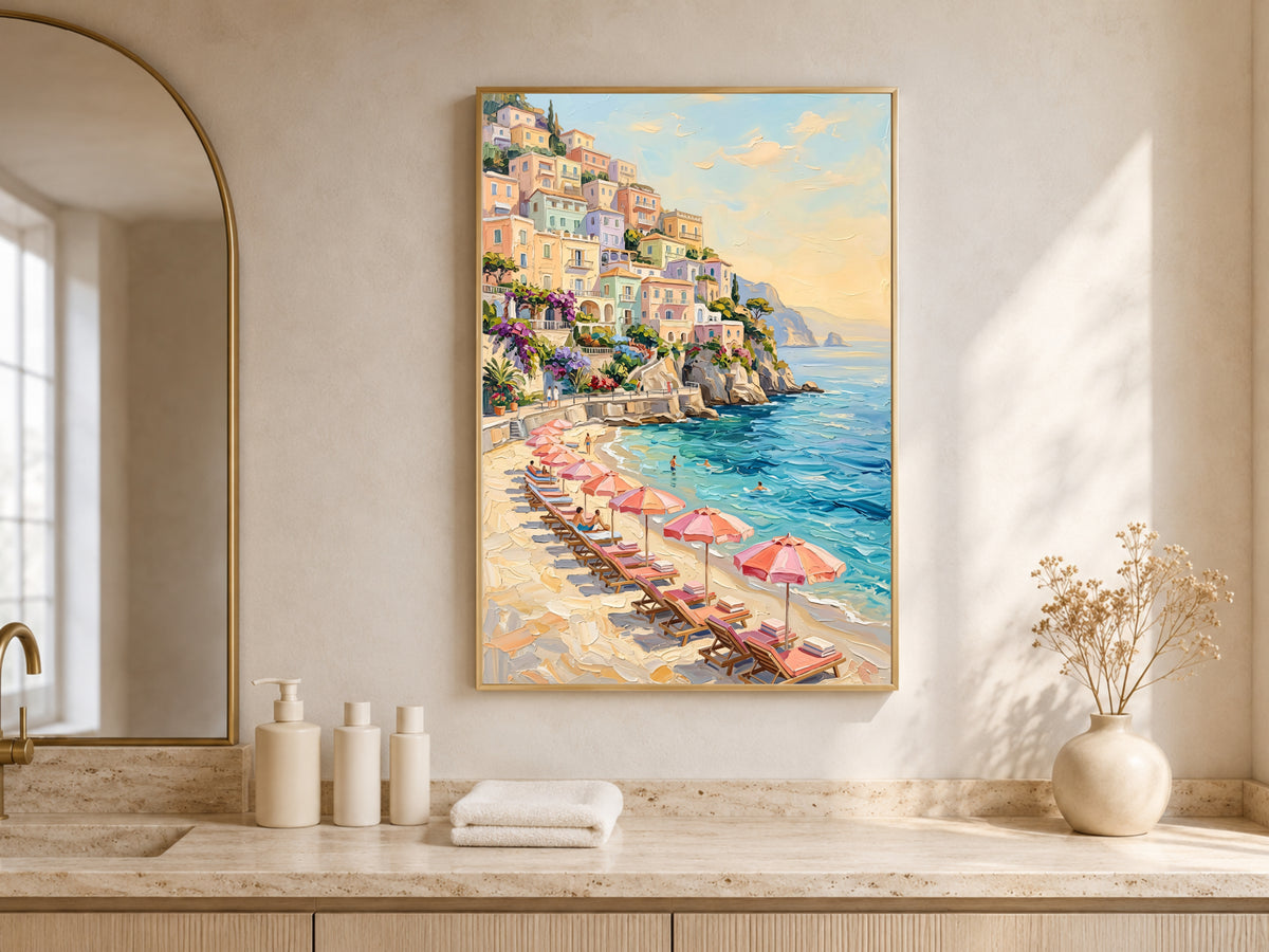 Positano Wall Art, Amalfi Coast Beach Club Oil Painting Print - Digital Download