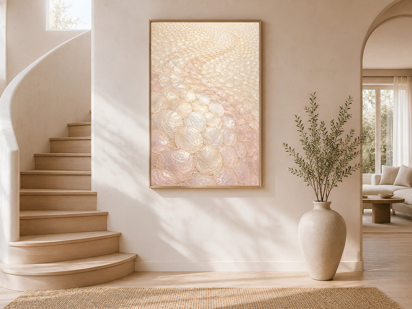 Blush capiz shell wall art framed on curved staircase wall with vase
