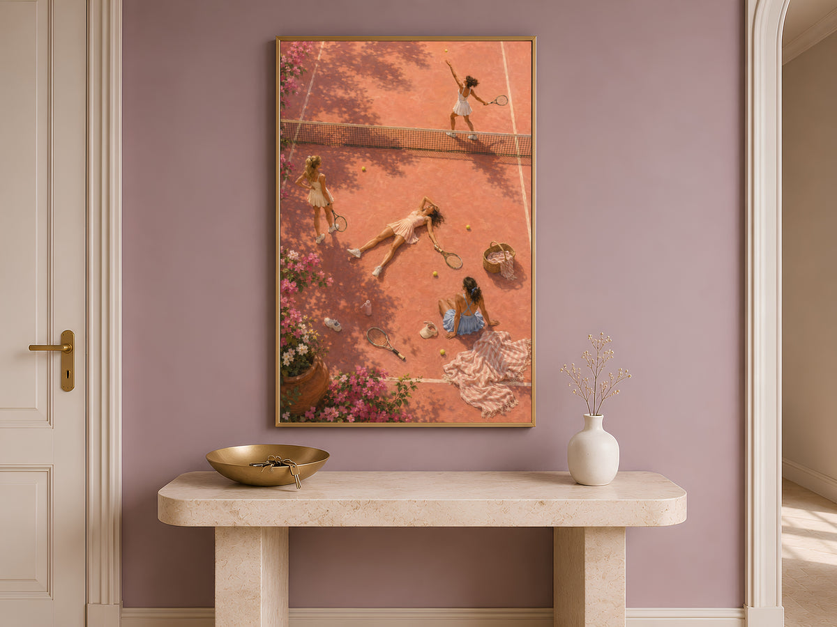 Pink tennis court print framed on a wall above an entryway console table with a bowl