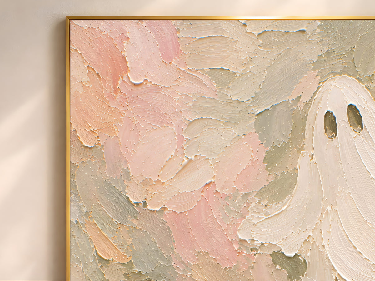 Close-up of thick impasto brushstrokes in blush pink, sage green, and cream on a pastel ghost pumpkin painting
