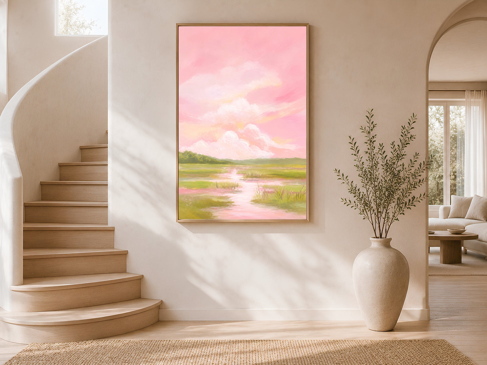Pink sky marsh landscape wall art framed on curved staircase wall with vase

