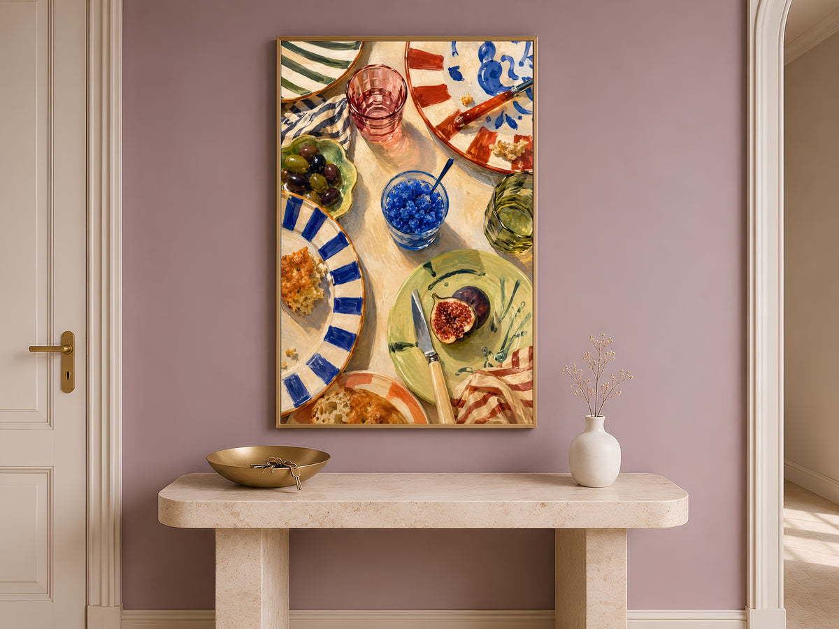Italian kitchen wall art framed print on entryway console table