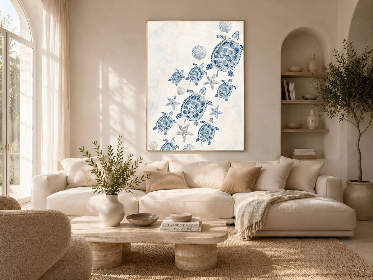 Sea Turtle Nursery Wall Art, Watercolor Blue Coastal Print - Digital Download