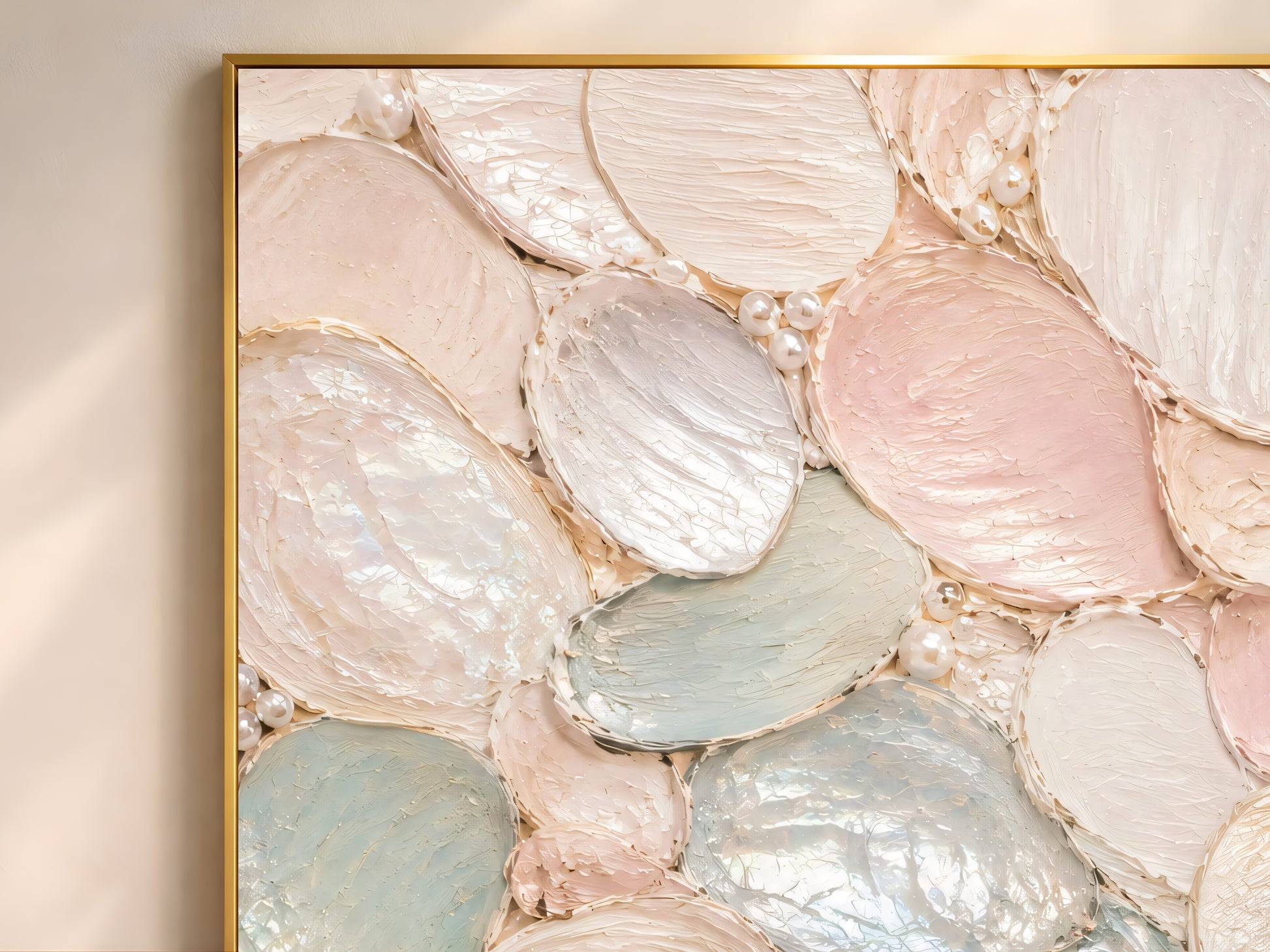 Close-up of oyster shell abstract print texture, sage green blush pink pearl detail