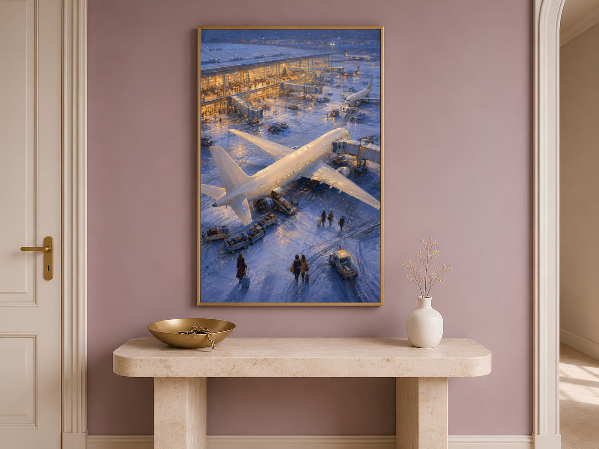 Snowy airport print framed above entryway console table with vase and bowl