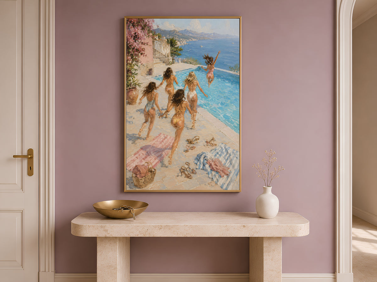 Girls trip Amalfi Coast pool print framed on a wall beside a cream sofa and armchair
