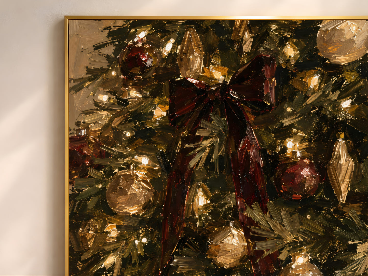 Close-up of the impasto oil painting texture showing ornaments and a velvet ribbon woven through the Christmas tree branches