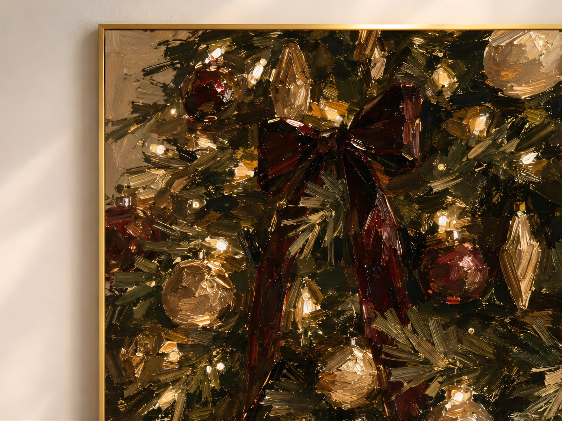 Close-up of the impasto oil painting texture showing ornaments and a velvet ribbon woven through the Christmas tree branches